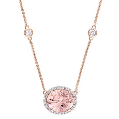 Morganite and White Sapphire with 0.13 CT.T.W. Diamond Station Halo Necklace in