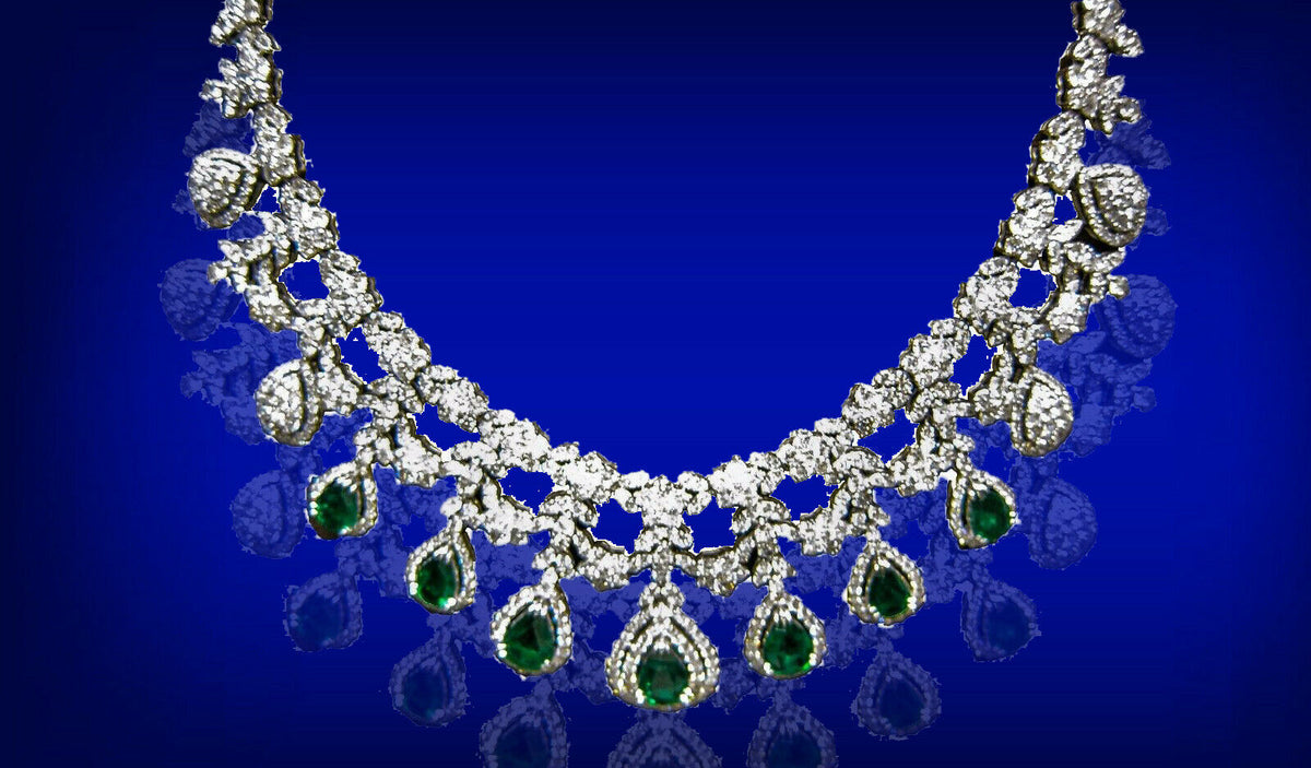 EMERALD PEAR SHAPE DIAMOND ROUND BRILLIANT SHAPE FRONT SET NECKLACE