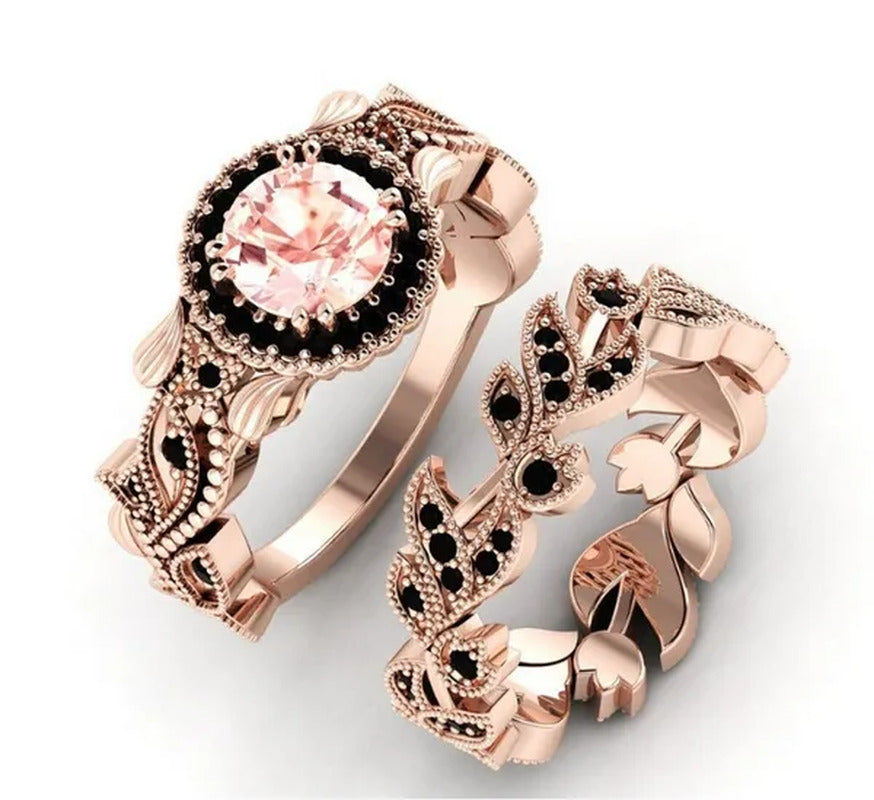 2 Pieces/Set of Exquisite Fashion Ideas 14K Rose Gold Ring Black Diamond Ring Fl