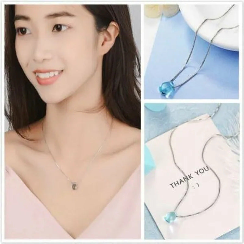 Simple Blue Crystal Teadrop Pendant Clavicle Chain Necklace Womens Jewellery