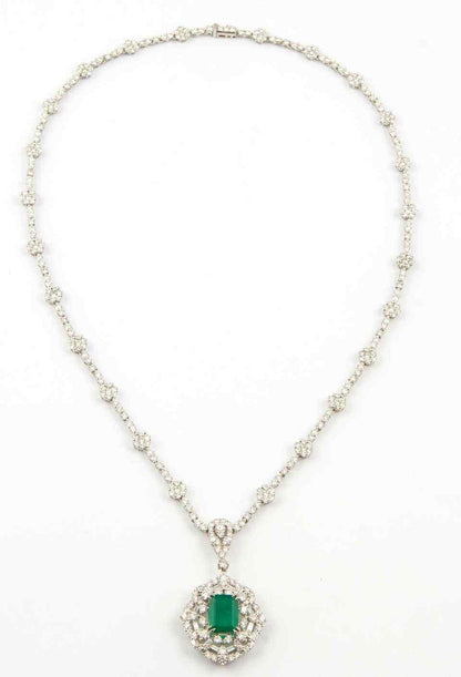 Green Emerald Diamond White Gold Pendant Necklace