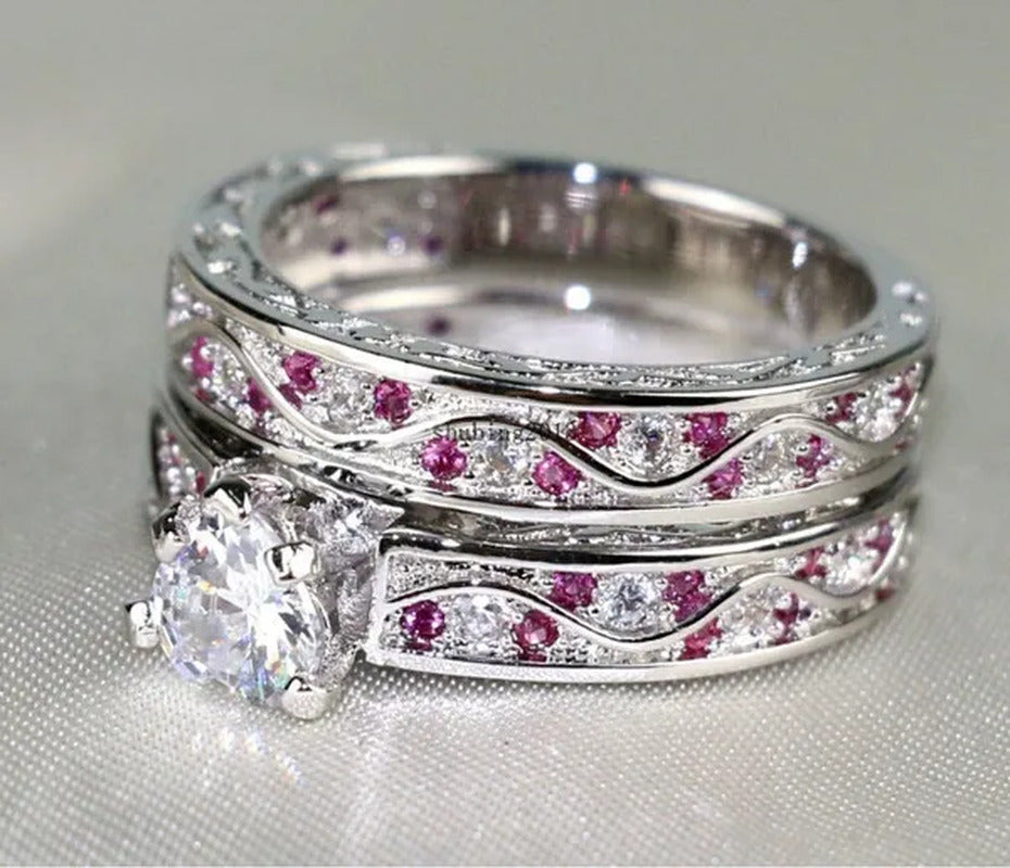 Cocktail Ring Heart CZ Ruby 10KT White Gold Filled Women'S Wedding Ring Sets Sz6