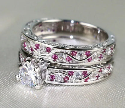 Cocktail Ring Heart CZ Ruby 10KT White Gold Filled Women'S Wedding Ring Sets Sz6