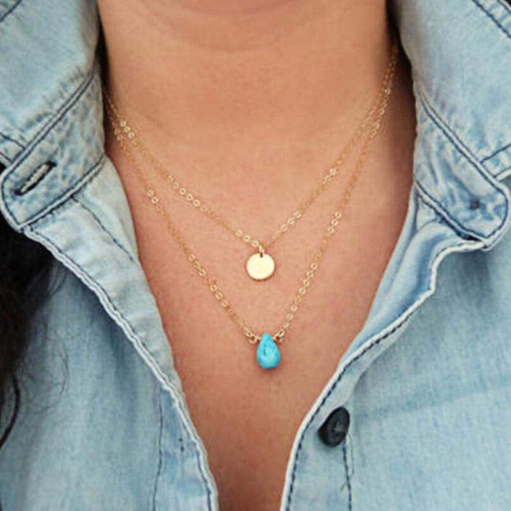Boho Layered Turquoise Necklaces Gold Sequin Pendant Necklace Chain Jewelry for