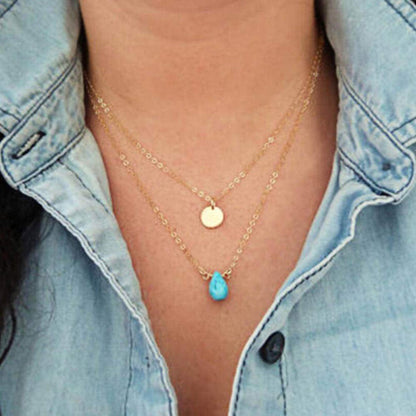 Boho Layered Turquoise Necklaces Gold Sequin Pendant Necklace Chain Jewelry for