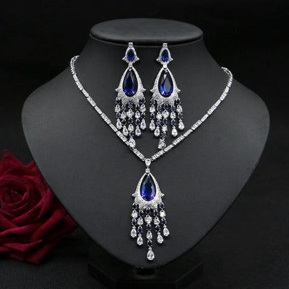 Vintage Elegant Temperament Bridal Wedding Jewelry Zircon Necklace Tassel Earrin