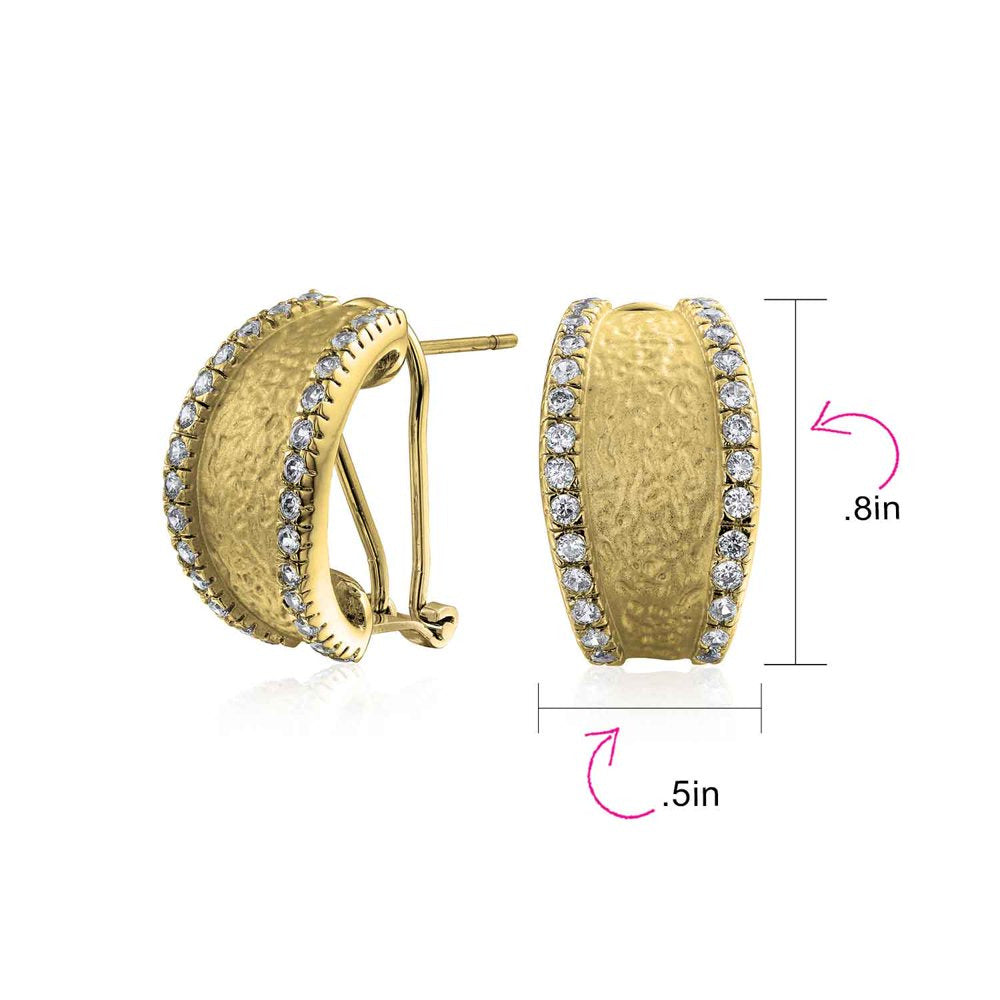 Matte Hammered Shrimp Half Hoop Earrings Pave Edge CZ Gold Plated