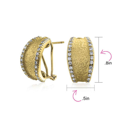 Matte Hammered Shrimp Half Hoop Earrings Pave Edge CZ Gold Plated