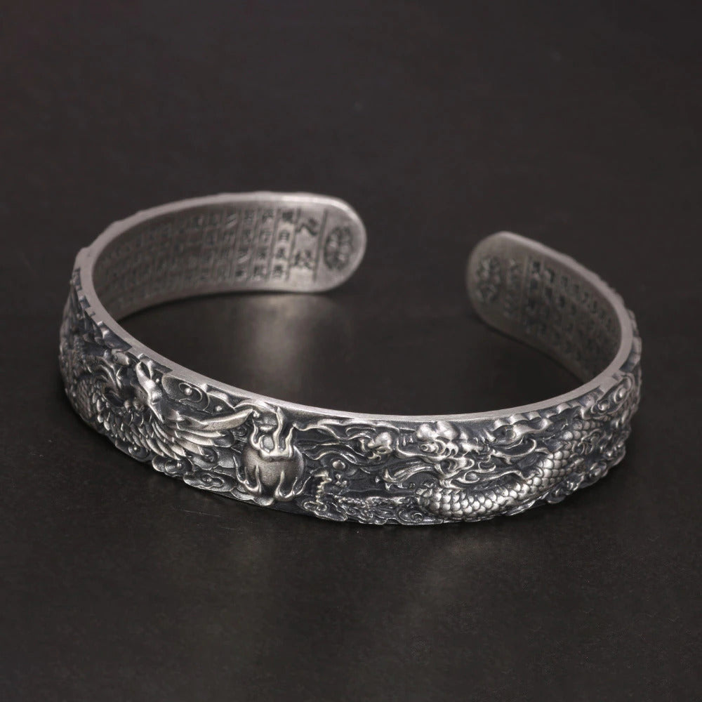 Real 999 Pure Silver Dragon and Phoenix Bangles for Men Heart Sutra Engraved