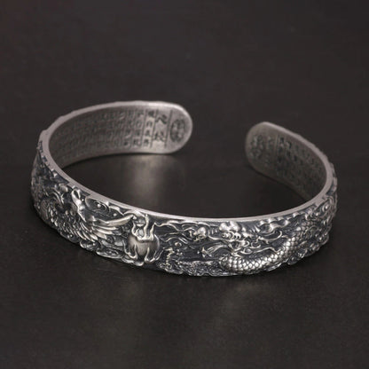 Real 999 Pure Silver Dragon and Phoenix Bangles for Men Heart Sutra Engraved