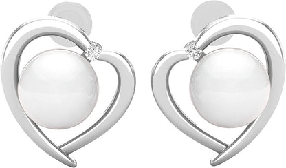 8 MM Each round White Freshwater Pearl & White Diamond Ladies Heart Stud Earring