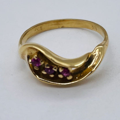 Three Stone Natural Red Ruby in Solid 14K Yellow Gold Ring | Size 6 |