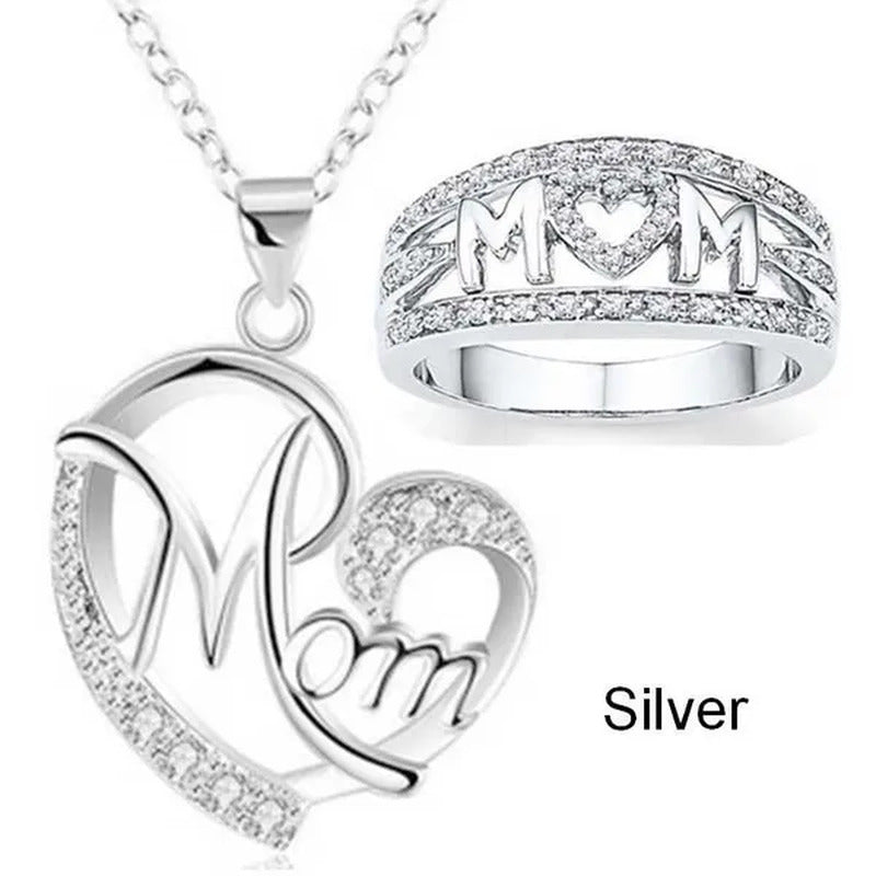 MOM Necklace and Ring Set Zircon Plated 925 Silver Jewelry Set Love Gift for Mot