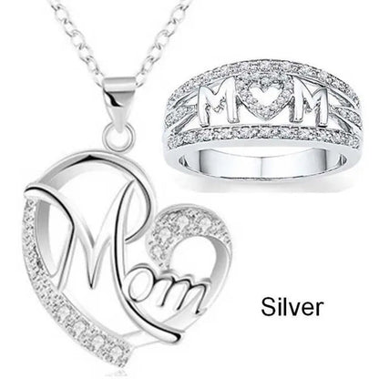 MOM Necklace and Ring Set Zircon Plated 925 Silver Jewelry Set Love Gift for Mot
