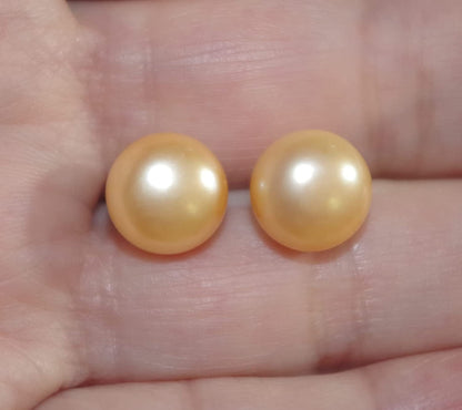 Quality Golden Champagne Pearl Semi round Dome Button 10 MM Stud Earrings 14K Go