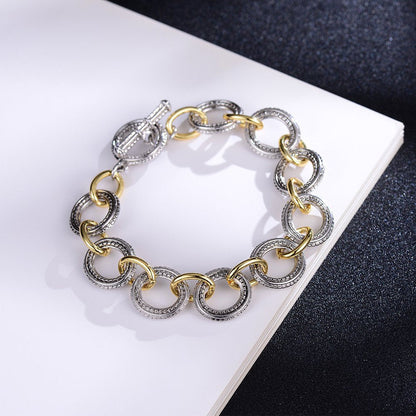 Link Bracelet Two Tone Circles Chain Silver and Gold Wire Cable Bangle Designer