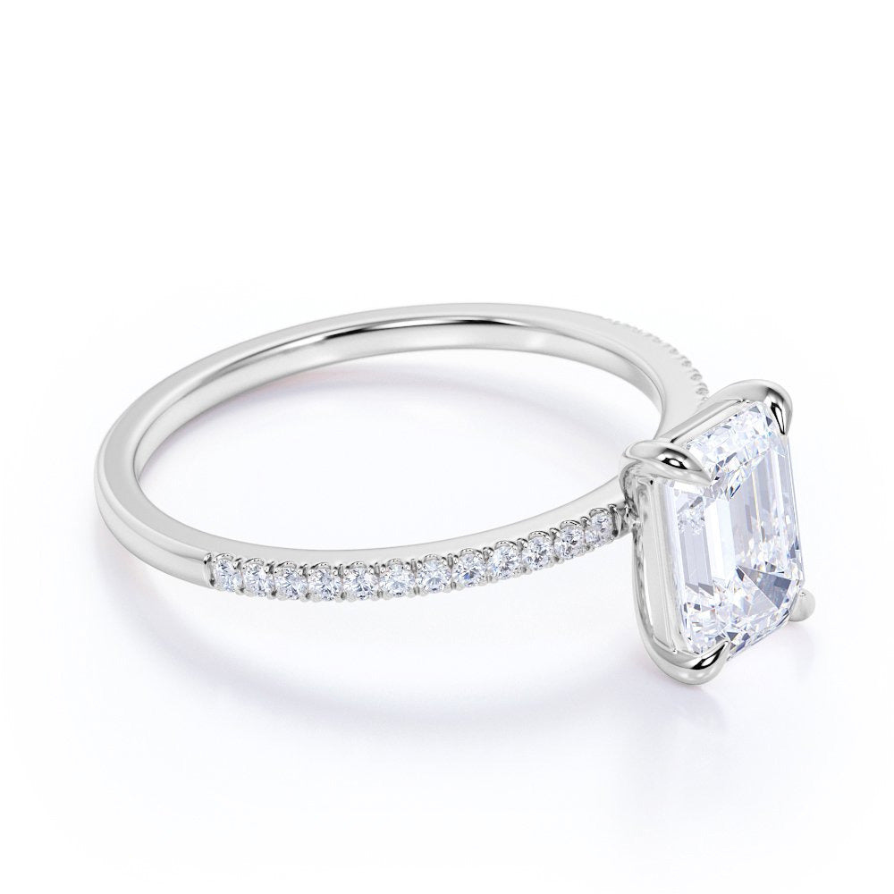 1.25 Carat Emerald Cut Moissanite and Diamond Pave Engagement Ring in 10K White