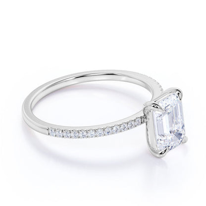 1.25 Carat Emerald Cut Moissanite and Diamond Pave Engagement Ring in 10K White