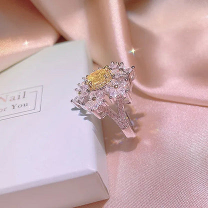 Womens Ladies Citrine Gemstone Bling Crystal Flower Design Crown Ring Adjustable