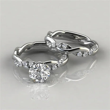 Women'S Dainty Twist round Cut White Sapphire Ring Set Bridal Engagement Diamond