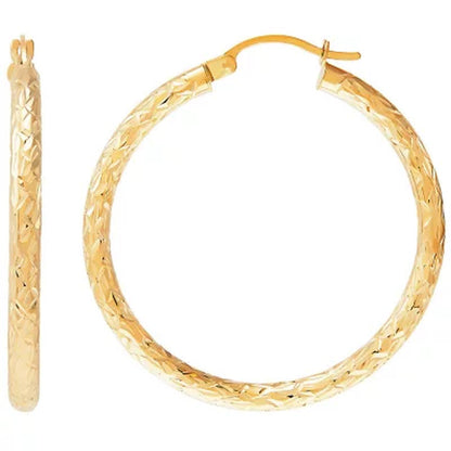 3X35Mm round Tube Hoop Crystal Cut Earrings in 14K Yellow Gold