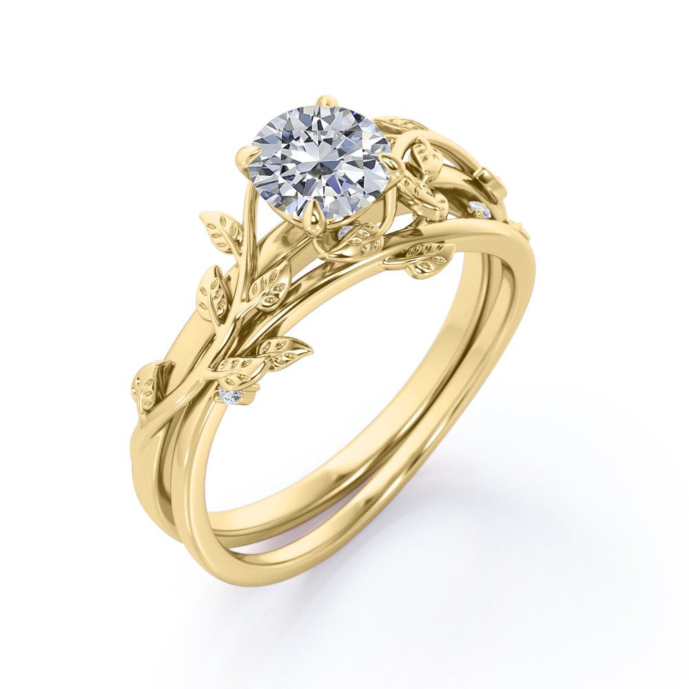 Half Carat round Real Diamond Bridal Set - Leaf and Vine Diamond Wedding Ring Se