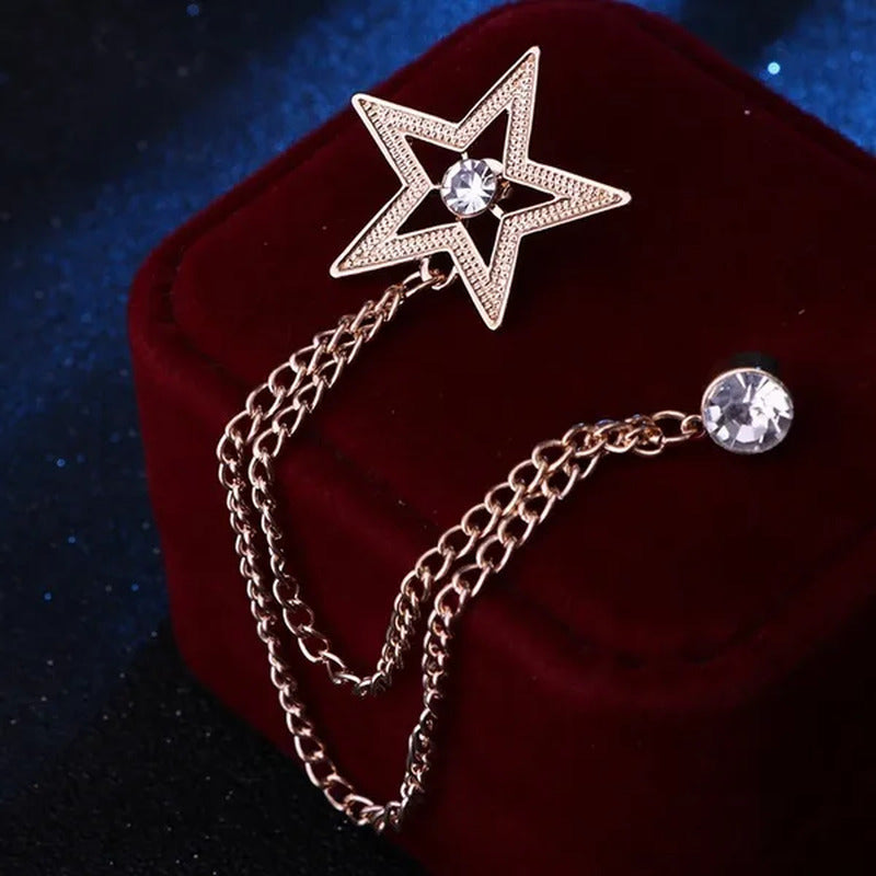 New Crystal Pentagram Brooch Pin Fashion Tassel Chains Suit Shirt Badge Collar L