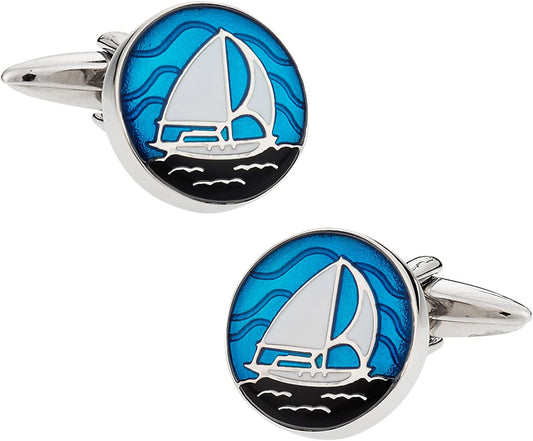 Nautical Blue Enamel Sailboat Cufflinks with Presentation Box