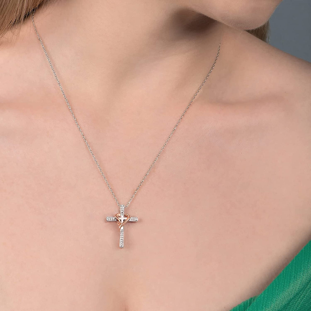 Cross Heart Necklace Pendant in Rose Gold over Sterling Silver with 1/10 CTTW Na