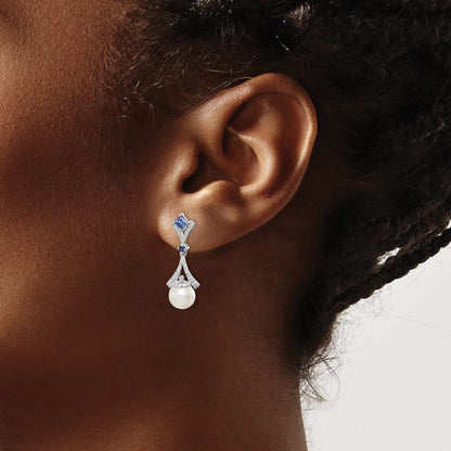 925 Sterling Silver Dangle Polished Post Earrings Rhodium Plated Diamond Freshwa