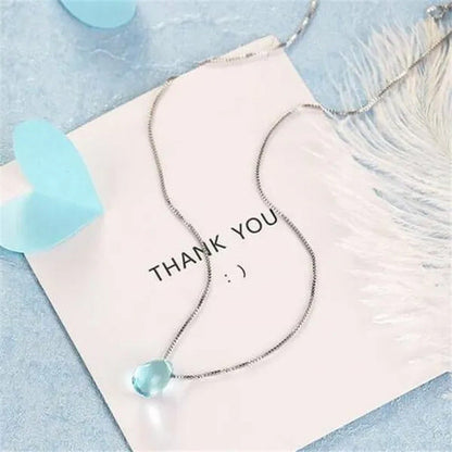 Simple Blue Crystal Teadrop Pendant Clavicle Chain Necklace Womens Jewellery