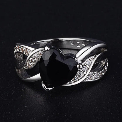 925 Silver Natural Gemstones Black Sapphire Heart Ring Wedding Bride Engagement