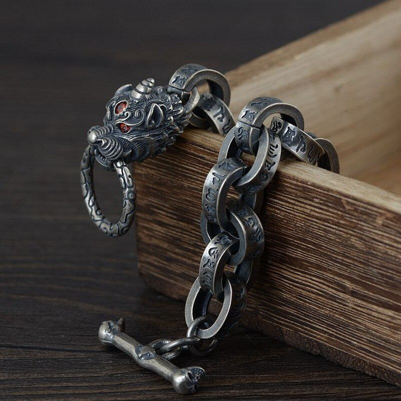 New 100% Ture Solid S925 Silver Antique Bracelet for Man Six-Word