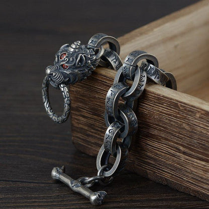 New 100% Ture Solid S925 Silver Antique Bracelet for Man Six-Word