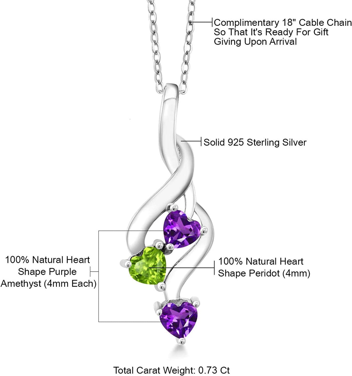 925 Sterling Silver Purple Amethyst and Green Peridot Pendant Necklace for Women