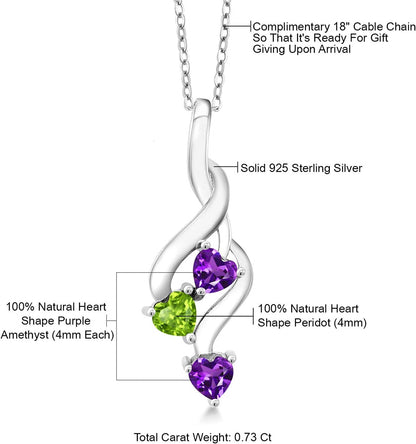 925 Sterling Silver Purple Amethyst and Green Peridot Pendant Necklace for Women