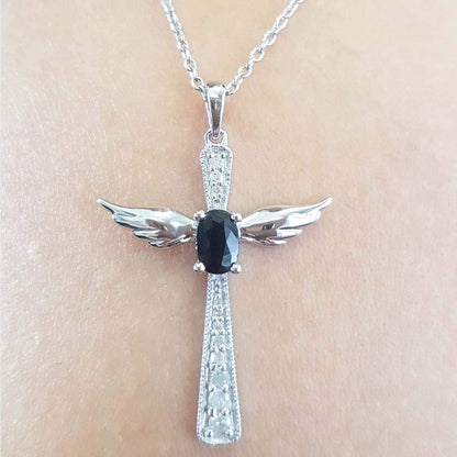 6X4 MM Oval Gemstone & round Diamond Angel Cross Pendant (Silver Chain Included)