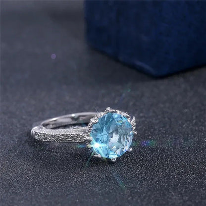 Fashion 2.0Ct round Cut Aquamarine Gemstone Ring Exquisite Silver Carver Flower