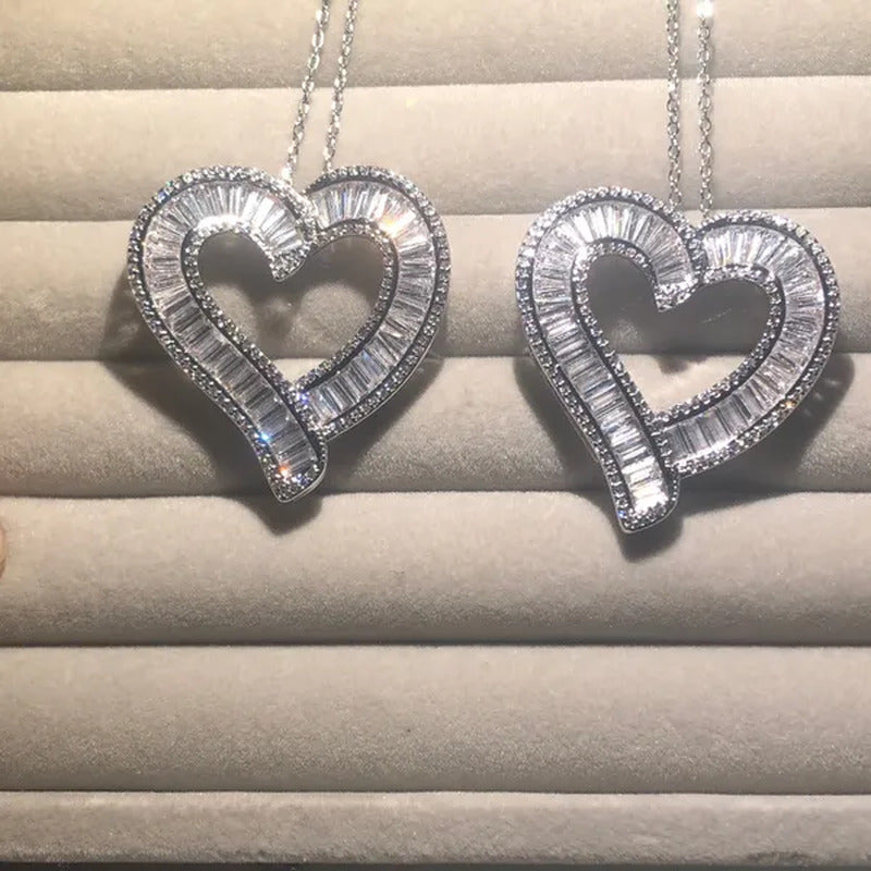 Luxury Silver White Topaz Heart Pendant Chain Necklace Women Sparkling Princess-