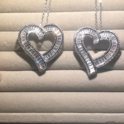 Luxury Silver White Topaz Heart Pendant Chain Necklace Women Sparkling Princess-