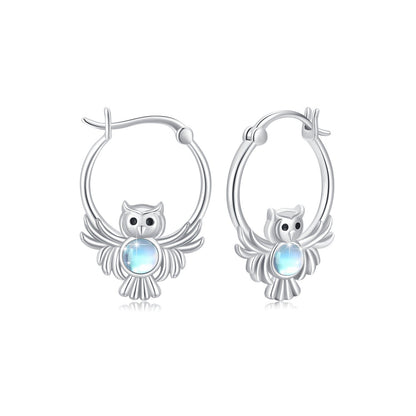 Moonstone Owl Hoop Earrings 925 Sterling Silver Owl Huggie Hoop Earrings Moonsto