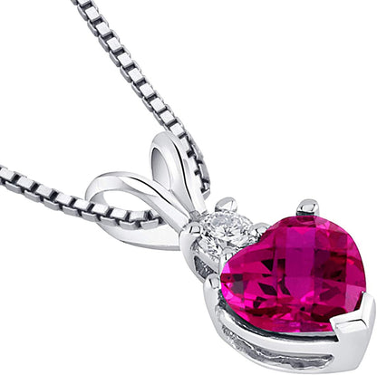 Created Ruby with Genuine Diamond Pendant in 14 Karat White Gold, Heart Shape So