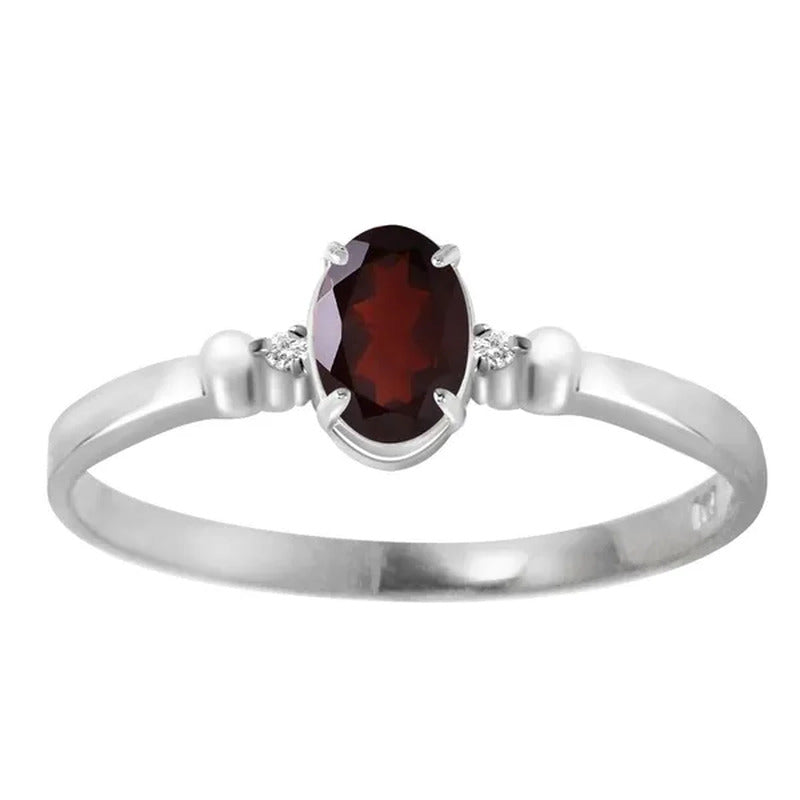 14K Solid White Gold Ring with Natural Diamonds and Oval-Shaped Garnet