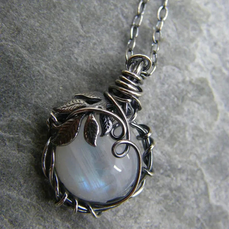 Vintage Opal Necklace Silver Plated Leaf Moonstone Necklace Wedding Engagement A