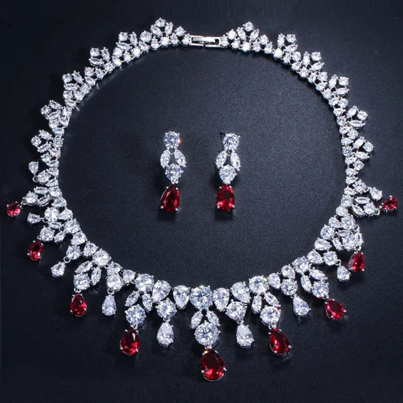 CANDICE Gorgeous Multi Cut CZ Diamond Water Drop Tassel Necklace Earrings Set Hi
