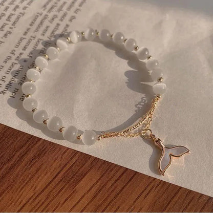 Evil Eye Fish Tail Beaded Bracelets Natural Cat Eye Stone 6 8Mm Opal Bangles Adj