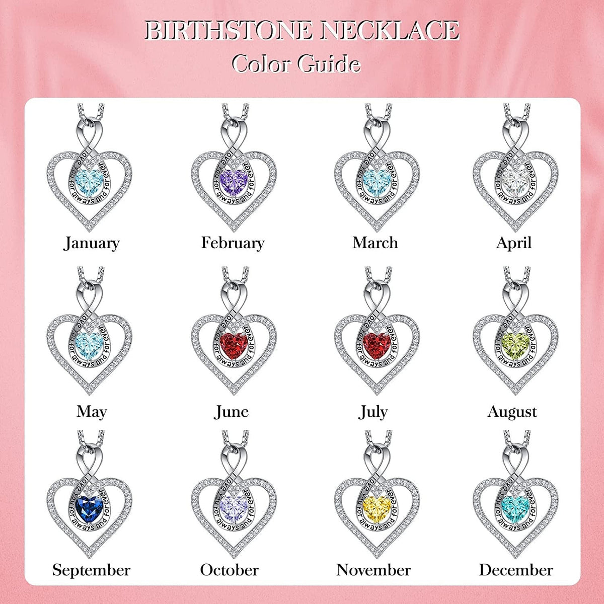 Jewelry for Women Infinity Heart Birthstone Necklace 18K Rose Gold / 925 Sterlin