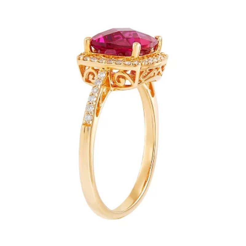 Cushion Cut Created Ruby Ring with Diamonds in 14K Yellow Gold