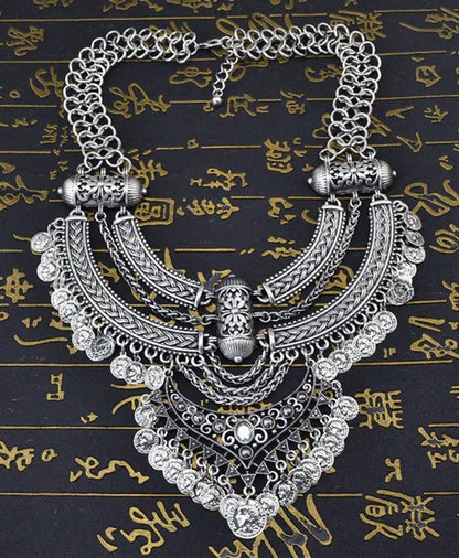 Vintage Silver Gold Chains Fine Jewelry Coins Tassel Choker Necklace Women Big F