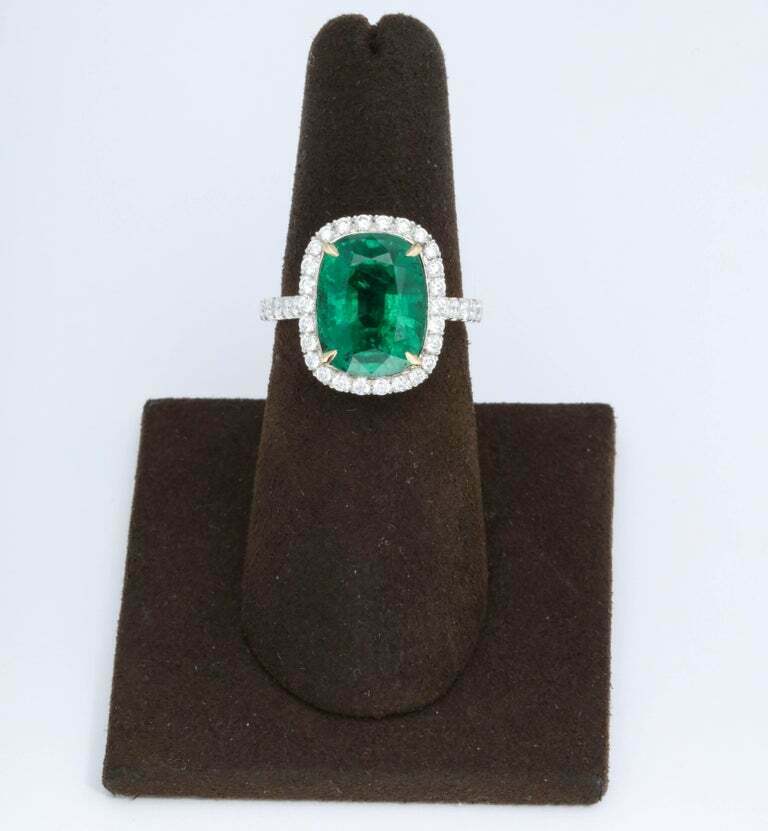 5 Carat Green Emerald Cushion Cut Diamond Halo Ring GIA Certified No Oil